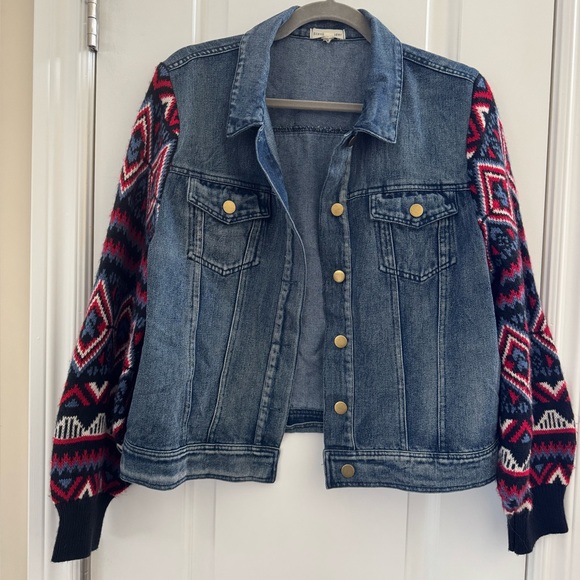 Stevie Hender Jackets & Blazers - Stevie Hender Mixed Media Denim Jacket L Knit Balloon Sleeves Western Aztec Boho
